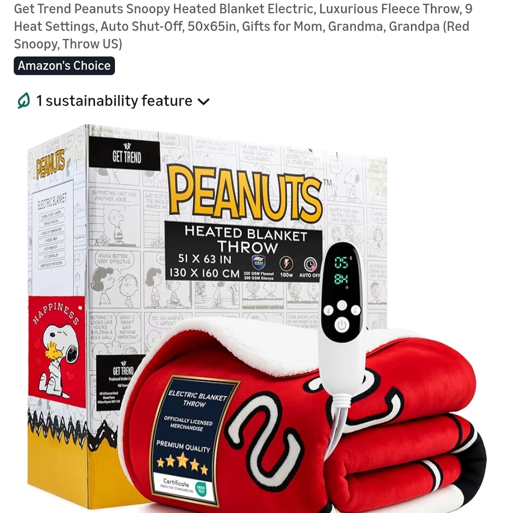 Peanuts Red Snoopy & Woodstock Heated Throw Blanket